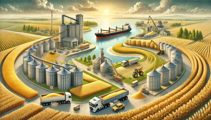 Realistic illustration of the millet value chain in Ukraine, showing farming, harvesting, processing, transportation, and export stages.