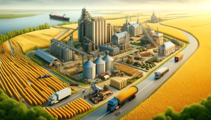 Realistic illustration of the millet value chain in Russia, showing farming, harvesting, processing, transportation, and export stages.