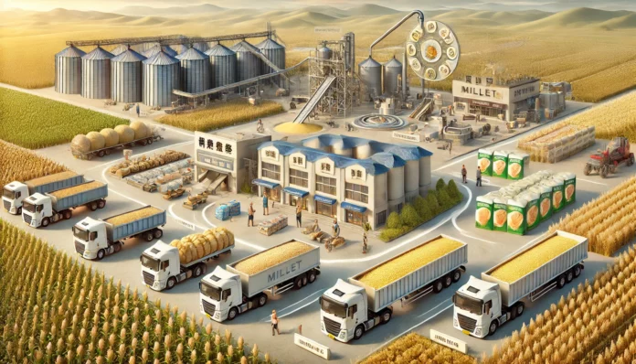 Realistic illustration of the millet value chain in China, showing farming, harvesting, processing, packaging, transportation, and retail distribution stages.