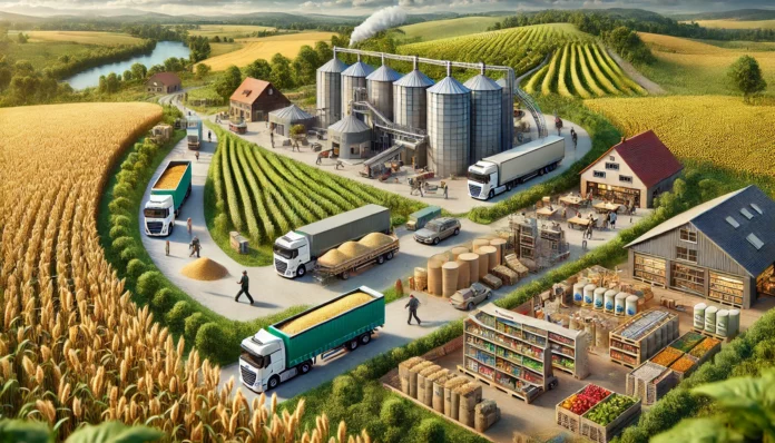 Realistic illustration of the millet value chain in Germany, highlighting sustainable farming, harvesting, processing, packaging, transportation, and retail distribution.