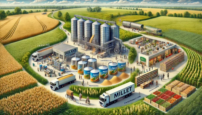 Realistic illustration of the millet value chain in Poland, showcasing stages such as farming, harvesting, processing, packaging, transportation, and retail distribution.