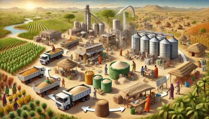 Realistic illustration of the millet value chain in Mali, showcasing farming, harvesting, processing, packaging, transportation, and market distribution.