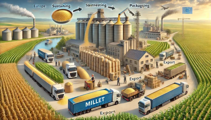 Realistic illustration of the millet value chain in Europe, including farming, harvesting, processing, packaging, transportation, and export logistics.