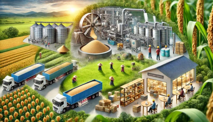 Realistic illustration of the millet value chain in Asia, featuring farmers in green fields, processing facilities, logistics trucks, and millet products in retail stores.