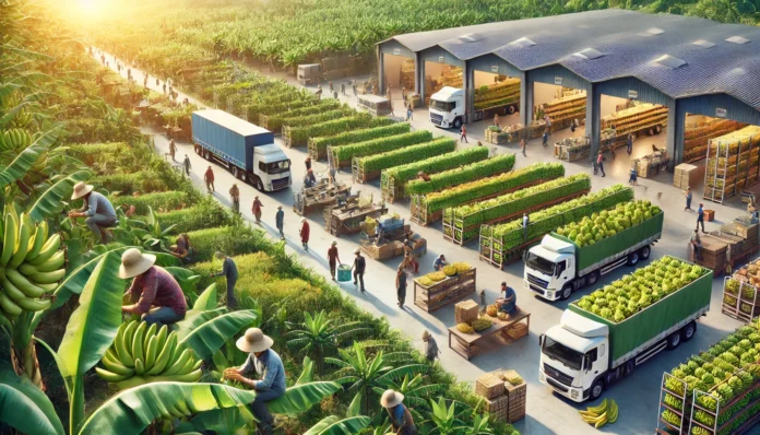 A realistic illustration of the banana value chain, showing farmers harvesting bananas, workers sorting and packing, trucks transporting, and bananas on supermarket shelves.