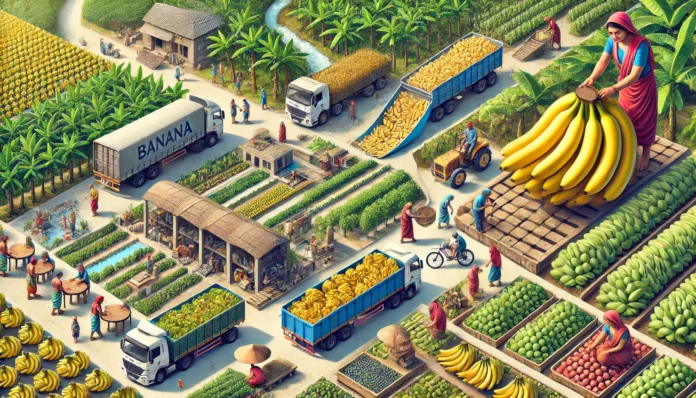 A realistic depiction of the banana value chain in India, showing farmers harvesting, workers packing, trucks transporting, and markets selling bananas.