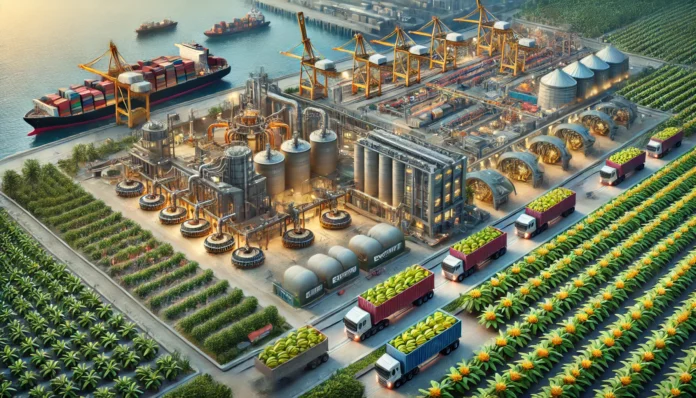 A highly realistic image showcasing the banana export value chain, featuring banana plantations, workers harvesting, a processing facility, and a busy port with shipping containers being loaded onto cargo ships.