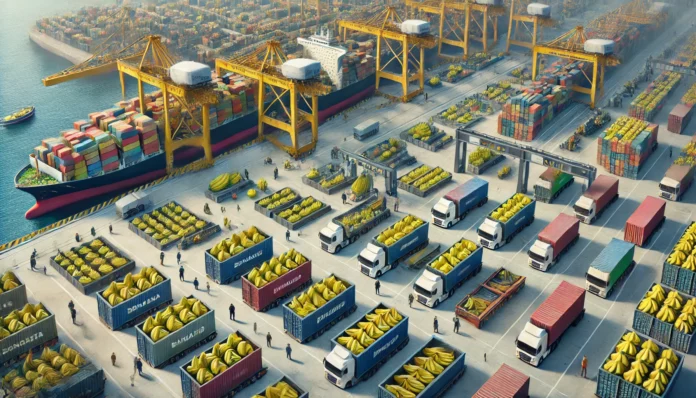 A highly realistic image showcasing the banana import value chain, featuring a shipping port with containers being unloaded, workers inspecting banana shipments, and trucks transporting bananas to distribution centers.