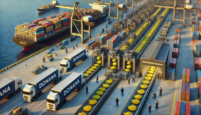 A highly realistic image showcasing the banana import value chain, featuring a shipping port with cargo ships unloading containers filled with bananas, workers inspecting shipments, and transport trucks distributing bananas to supermarkets.