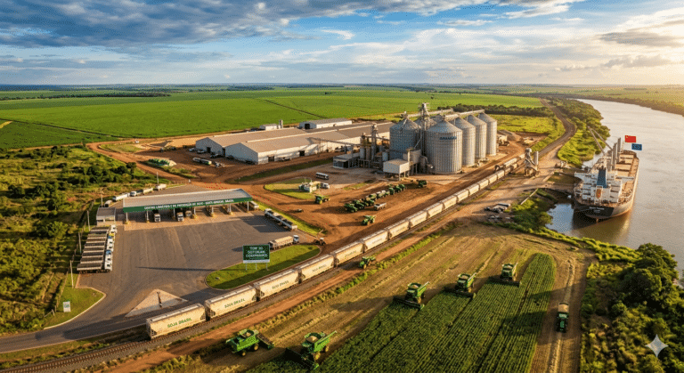 Aerial view of a large-scale soybean production facility and export infrastructure in Mato Grosso, Brazil, featuring grain silos, a cargo ship, and a freight train.