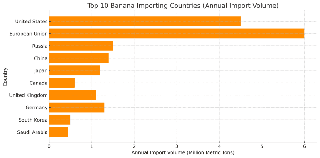 A horizontal bar chart displaying the top 10 banana-importing countries by annual import volume in million metric tons. The European Union leads with over 6 million metric tons, followed by the United States, Russia, and China.