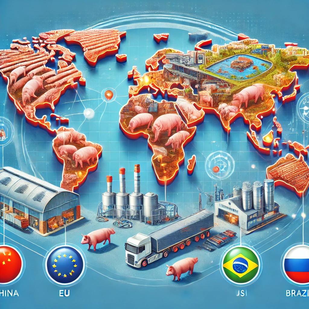 A digital illustration of the global pork industry, highlighting major pork-producing countries, pig farms, processing plants, logistics, and packaged pork products.