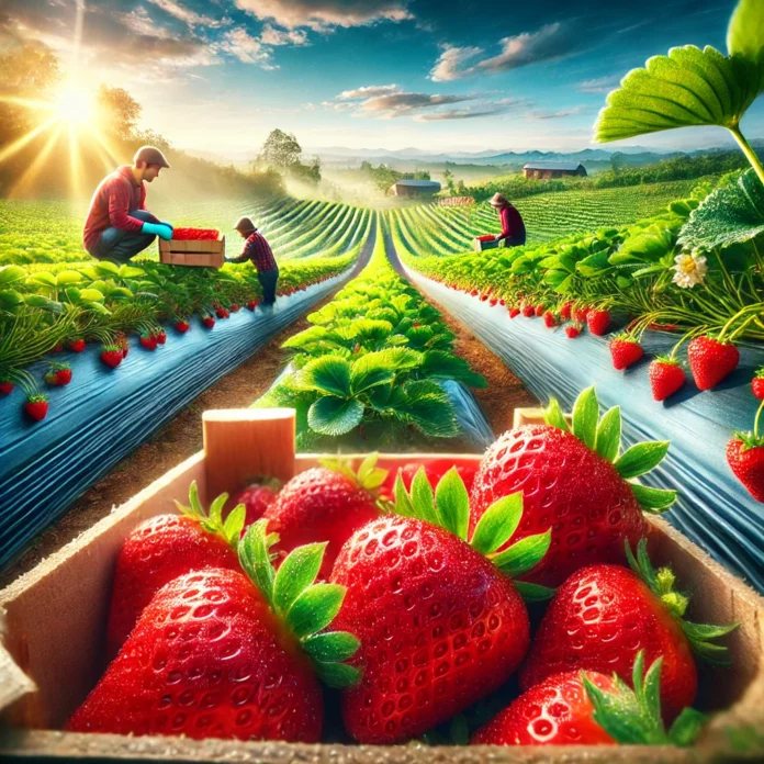 The Global Strawberry Industry: Trends, Challenges, and Market Outlook A vibrant strawberry farm, featuring ripe red strawberries, workers harvesting, and a picturesque rural landscape.