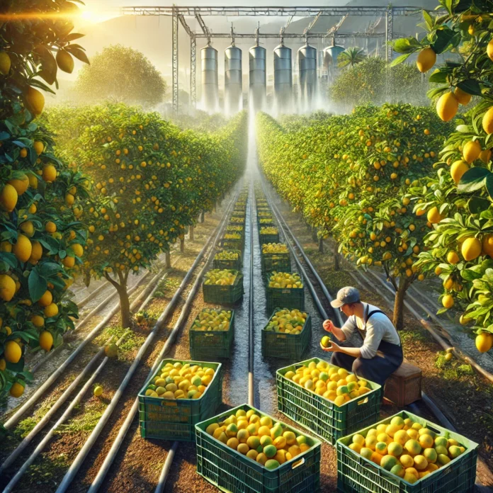 A lush lemon orchard under the morning sun, with ripe yellow lemons hanging from green trees. A farmer inspects a freshly picked lemon, while crates filled with harvested fruit sit nearby. In the background, a modern processing facility highlights the commercial scale of lemon farming.