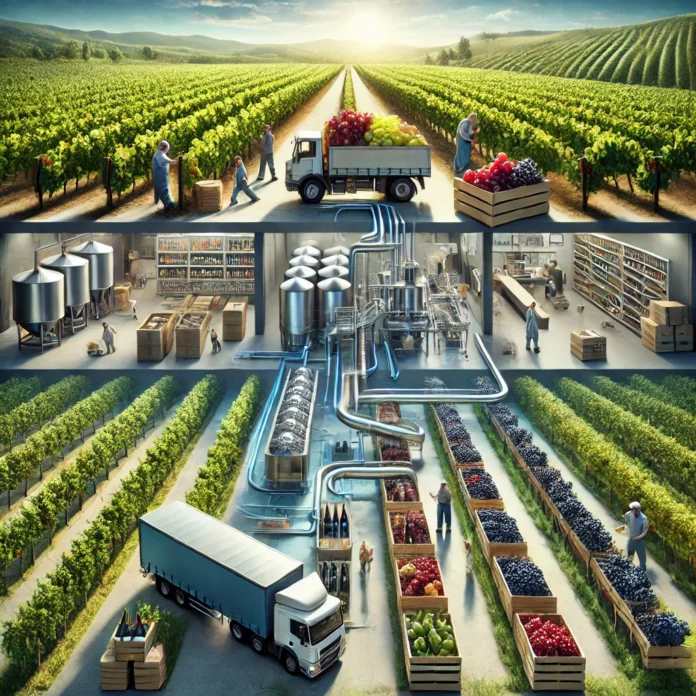 A highly realistic image illustrating the grape industry value chain, featuring vineyard workers harvesting grapes, a processing facility with fermentation tanks, packaged grapes for distribution, and a supermarket displaying fresh grapes and bottled wine.