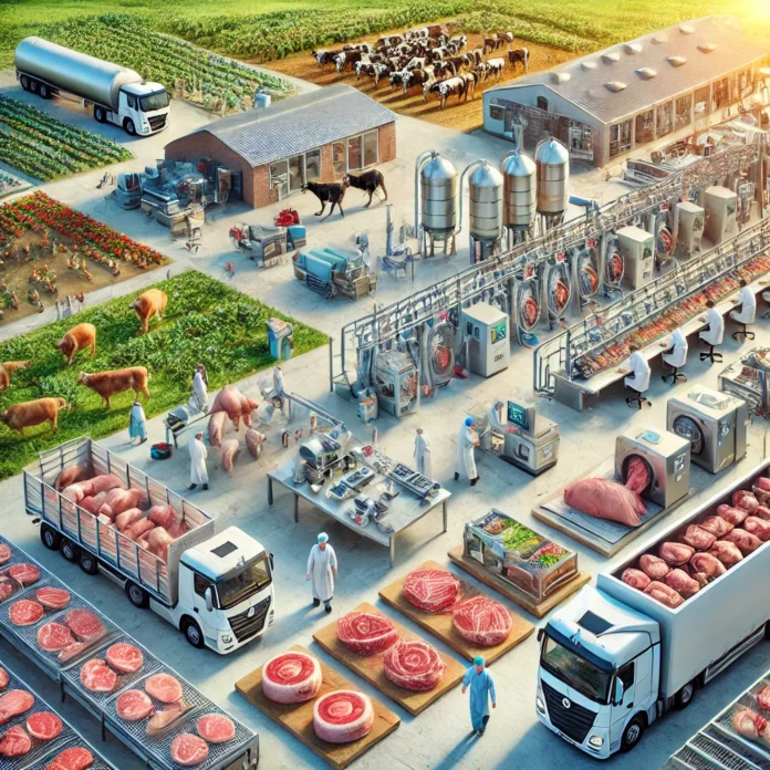 A highly realistic image depicting the global meat industry in 2025, featuring livestock farming, meat processing, refrigerated transport, and supermarket meat displays, highlighting sustainability and technological advancements.