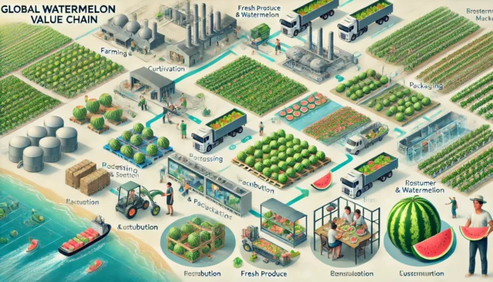 A detailed and realistic infographic illustrating the global watermelon value chain. The image features key stages including farming and cultivation with farmers harvesting watermelons, processing and packaging at sorting facilities, distribution through trucks and cargo ships, retail and wholesale markets selling watermelon products, consumer consumption of fresh and processed watermelons, and sustainability efforts like recycling and composting. Each stage is clearly labeled, showing the journey of watermelons from farms to global consumers.