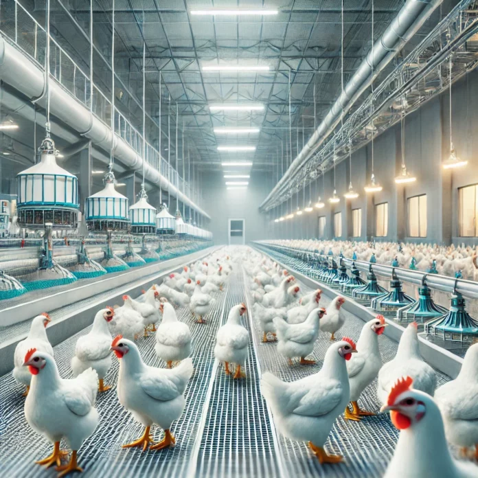 A high-tech poultry farm with white broiler chickens in a climate-controlled environment, equipped with automated feeding systems and smart monitoring technology.