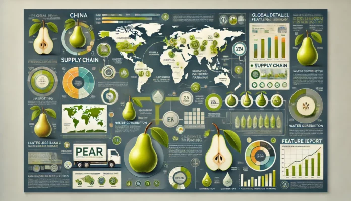 An infographic-style feature image showcasing the global pear industry, with a world map of top-producing countries, a supply chain flowchart, pear varieties, trade routes, and sustainability icons.