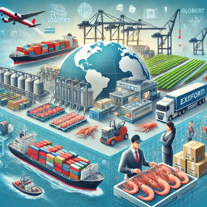 A comprehensive digital illustration of the global prawn value chain, featuring prawn farms, processing facilities, cold storage logistics, and a seafood market.