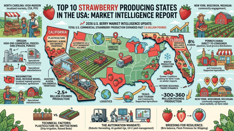 Graphic infographic showing a USA map highlighting the top 10 strawberry producing states, showcasing massive production volume in California and Florida, technical automation, and regional agritourism markets.