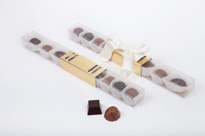 Seasonal chocolate products use shaped trays and gift boxes