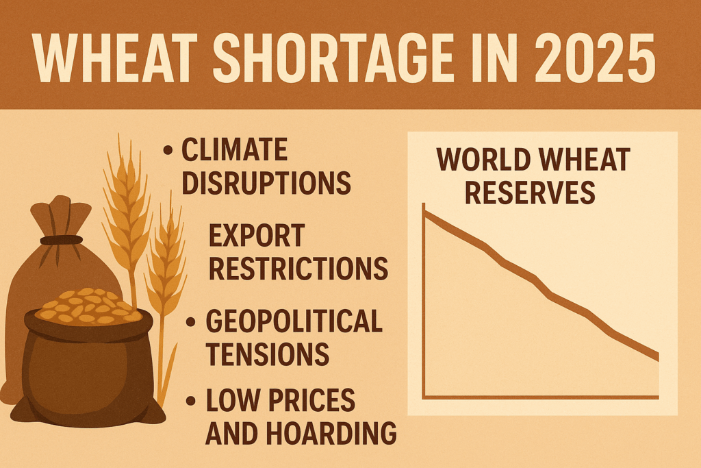 Infographic showing 2025 global wheat shortage causes including climate disruptions, export restrictions, and geopolitical tensions with declining world wheat reserves.