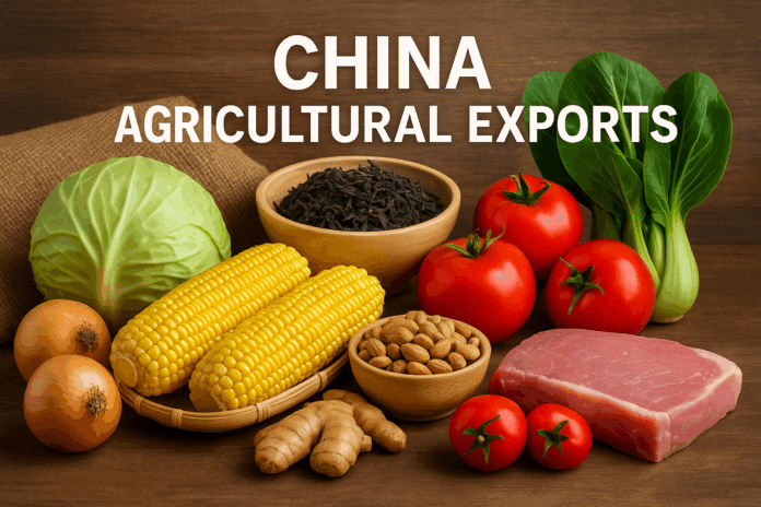 china-agricultural-exports Assorted Chinese agricultural export products including corn, cabbage, tea leaves, tomatoes, pork, ginger, and onions arranged on a wooden table.