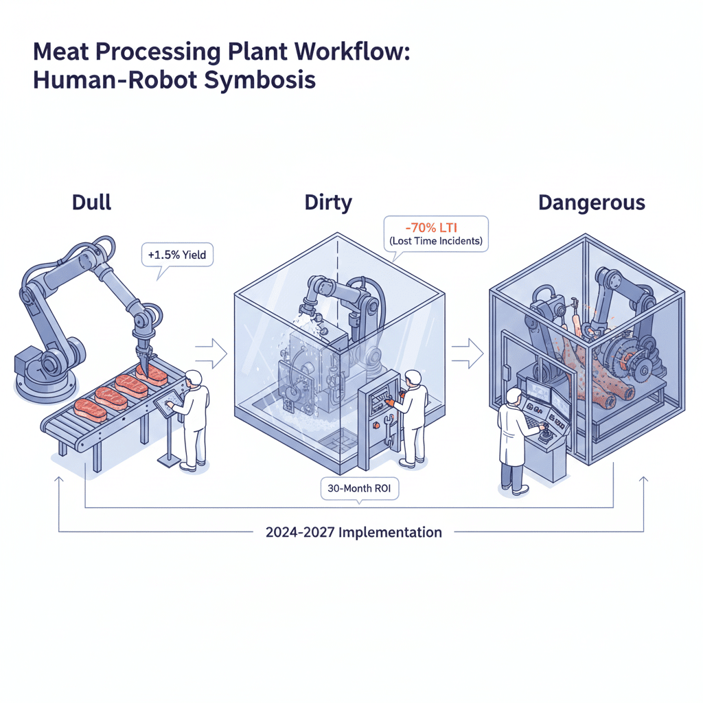 Workflow diagram of modern meat processing plant showing Human-Robot Symbiosis with stations for Dull, Dirty, and Dangerous tasks, highlighting +1.5% Yield and 30-Month ROI metrics.