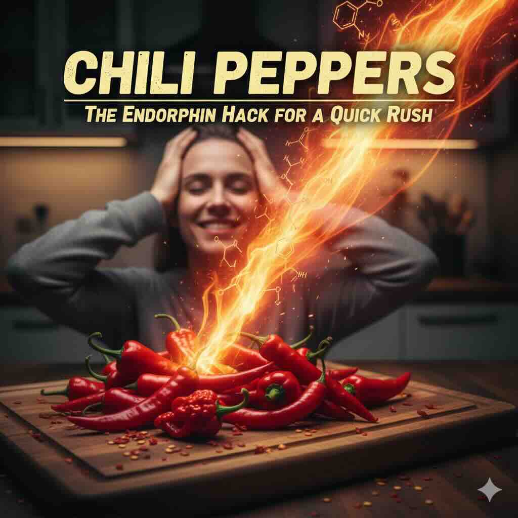 High-contrast, vibrant photography of fresh red chili peppers on a dark background, representing the capsaicin-induced endorphin rush.