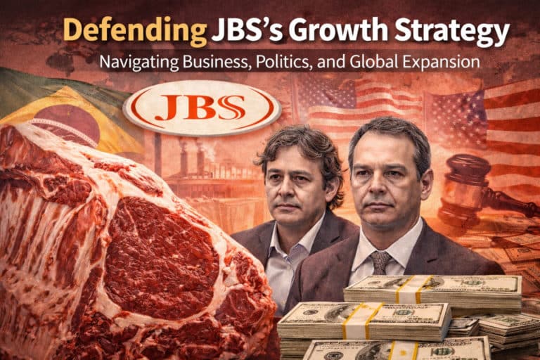 A digital illustration representing JBS S.A.’s defense of its global growth strategy. The image features two middle-aged men in business attire, a large raw cut of meat, stacks of U.S. dollars, the JBS logo, a judge's gavel, and Brazilian and U.S. flags, symbolizing corporate, legal, and political complexities.