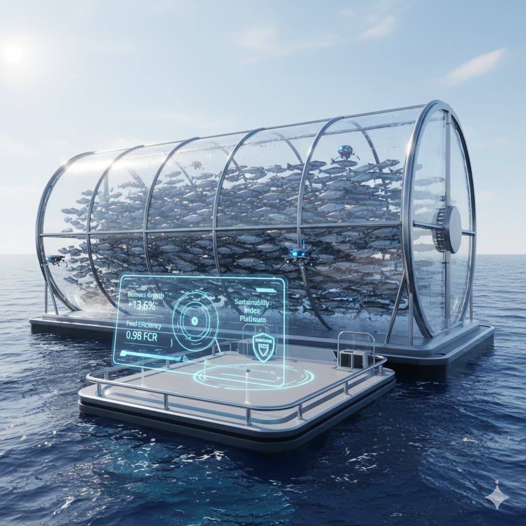 A wide-angle, hyper-realistic shot of a translucent futuristic offshore aquaculture pod submerged in deep blue water, showing salmon monitored by autonomous drones with a foreground digital dashboard displaying biomass growth and sustainability metrics.