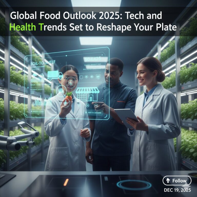 A robotic arm precisely plating a 3D-printed plant-based steak next to a holographic "Soil-to-Shelf" dashboard showing sustainability and nutrient density data in a futuristic kitchen.