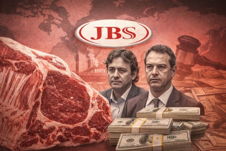 Featured image illustrating JBS’s rise from a small Brazilian butcher shop to the world’s largest meat producer, symbolizing global expansion, political power, corruption scandals, and industrial meat production.