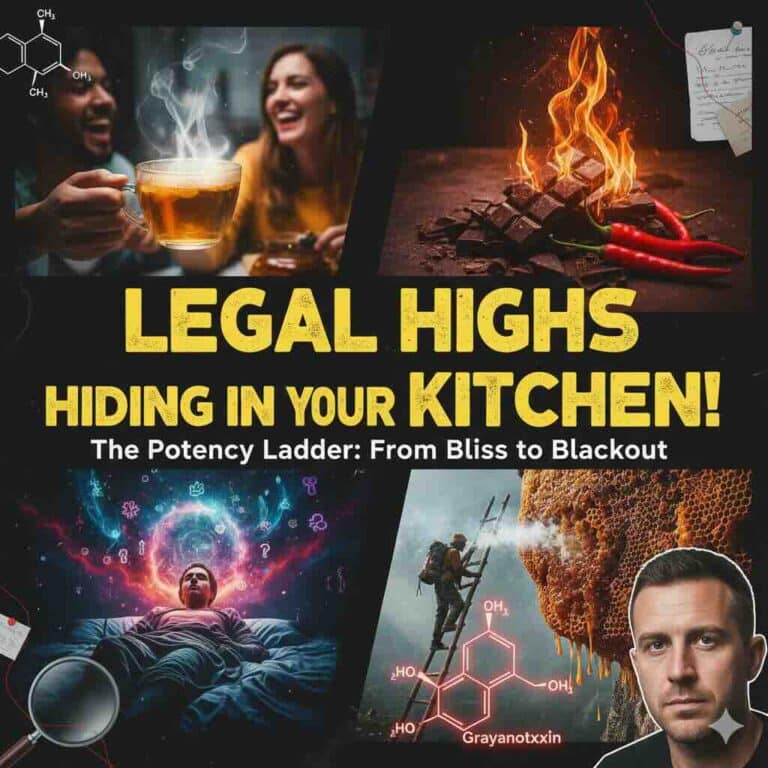 High-impact investigative journalism thumbnail featuring a glass jar of mysterious golden honey, whole nutmeg seeds, and exotic dried flowers arranged on a dark, moody background with a dramatic "Potency Ladder" overlay, designed for a viral documentary style.