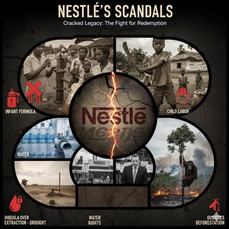 A gritty, investigative-style collage titled "Nestlé: A History of Controversy & Corrections." The central Nestlé logo is depicted on a cracked surface. Surrounding it are high-contrast panels illustrating various scandals: a historical photo of infant formula marketing in a developing region, a child worker on a cocoa farm holding a tool, rows of plastic water bottles next to a parched, cracked landscape, an orangutan in a deforested palm oil plantation, and scenes of labor rights protests. The overall aesthetic is that of a dark documentary or a journalistic exposé.