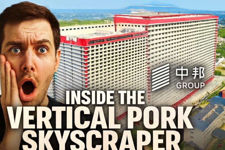 Shocked man reacting to China’s massive vertical pork facility. On the left, a wide-eyed man with mouth agape and hand on cheek expresses disbelief. On the right, a towering multi-story pig farm with red and white stripes stretches across the frame. Bold white text reads “Inside the Vertical Pork Skyscraper.” Logos for Smithfield and WH Group appear in the bottom corner. Bright, cinematic lighting enhances contrast and mobile readability.