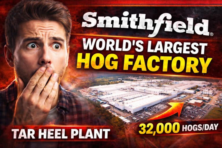 Aerial view of Smithfield Foods’ Tar Heel, North Carolina plant, the world’s largest pork processing facility, handling up to 32,000 hogs daily.