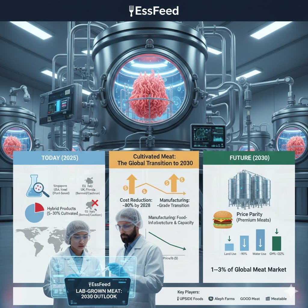 EssFeed Industry Infographic showing the transition of lab-grown meat from 2025 to 2030. Key data includes an 80% reduction in production costs, a transition to food-grade manufacturing, and environmental impacts like 90% less land use and water use. Featured companies include UPSIDE Foods, Aleph Farms, and GOOD Meat.