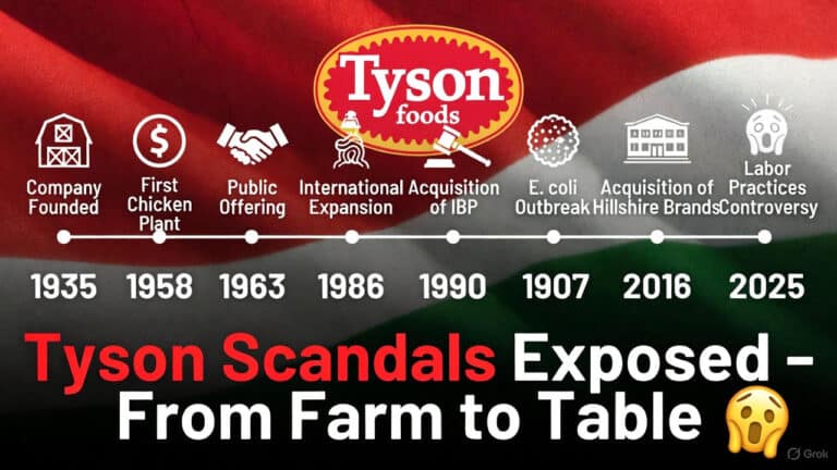YouTube thumbnail featuring Tyson Foods logo centered on a red and green background with a horizontal timeline from 1935 to 2025, including icons for company founding, acquisitions, scandals, and labor controversies; bold red text reads 'Tyson Scandals Exposed – From Farm to Table' with a shocked yellow emoji.