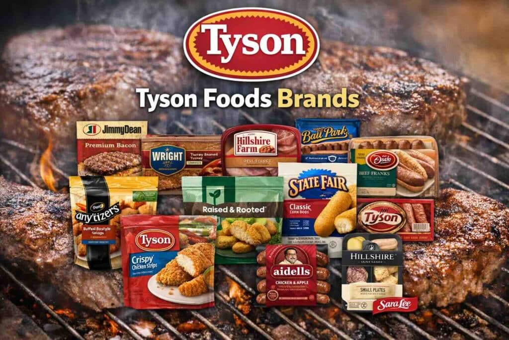 Tyson Foods brand portfolio showing Tyson, Jimmy Dean, Hillshire Farm, Ball Park, Aidells, Wright Brand, State Fair, and other consumer brands