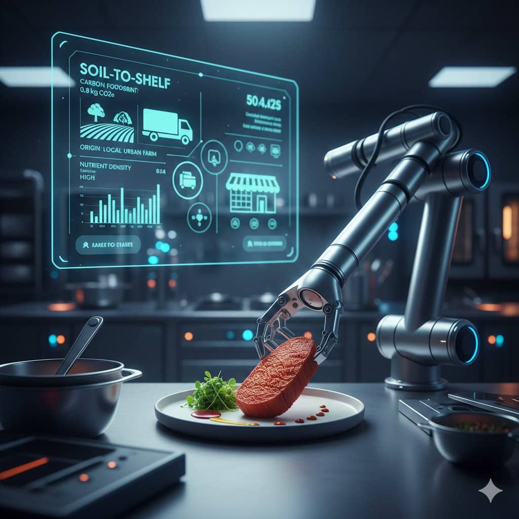 A robotic arm plating a 3D-printed plant-based steak in a high-tech kitchen with a digital display showing soil-to-shelf sustainability data.