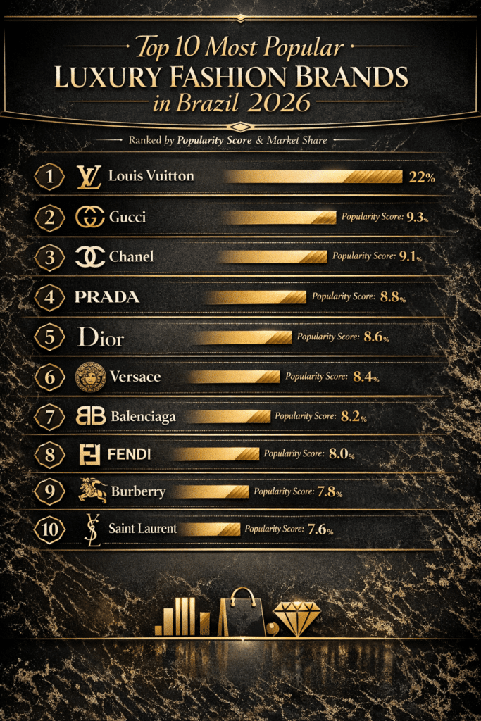 Top 10 most popular luxury fashion brands in Brazil 2026 infographic ranking Louis Vuitton, Gucci, Chanel, Prada and Dior