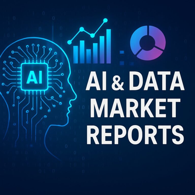 Digital graphic for "AI & Data Market Reports" featuring a glowing blue circuit-style human head with an "AI" microchip, surrounded by neon data visualizations including line, bar, and pie charts. Bold white title text is centered on a deep blue background with binary code and glowing accents.