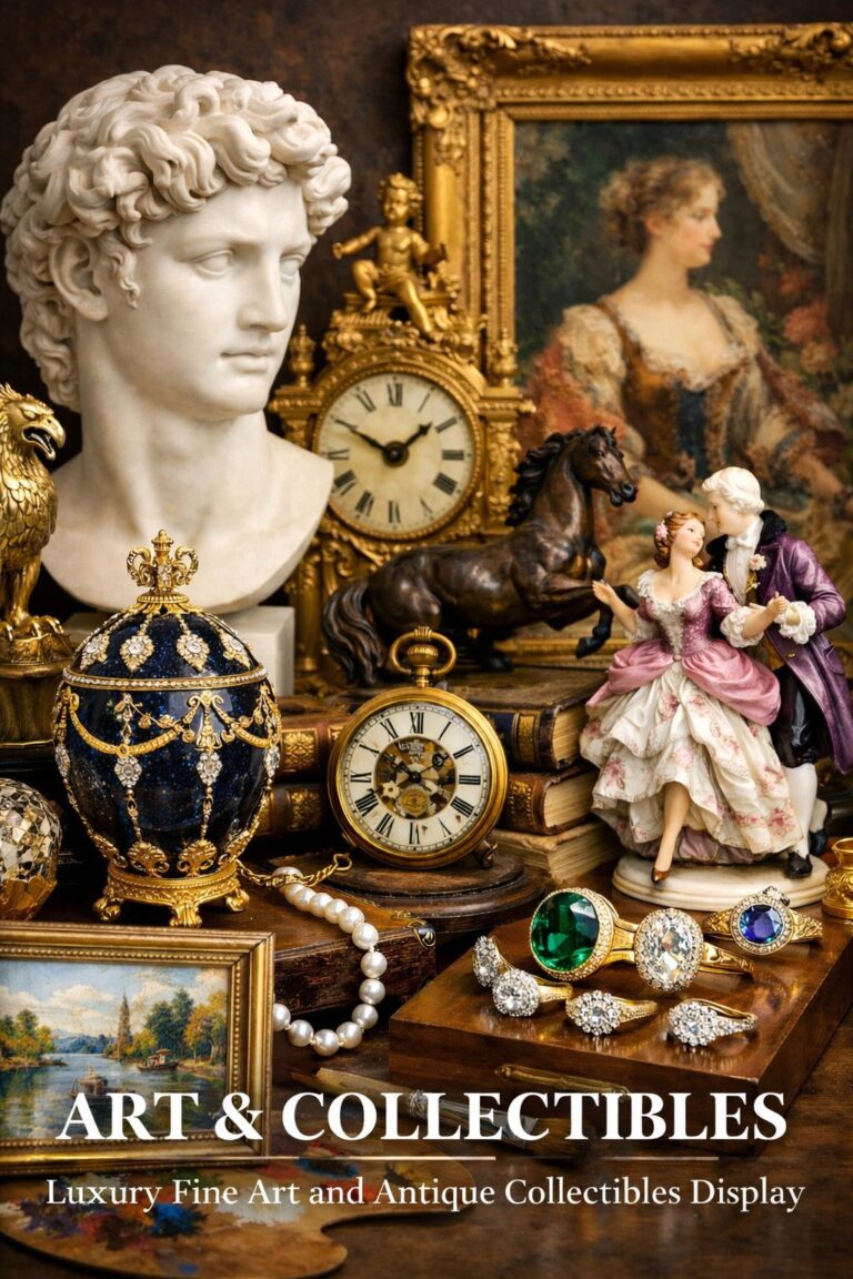 Curated display of luxury art and collectibles including classical sculpture, framed oil paintings, antique clocks, porcelain figurines, fine jewelry, and decorative objects arranged in an elegant interior setting