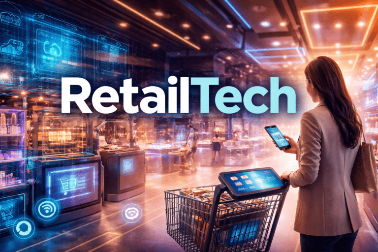 RetailTech innovation: woman using smartphone and smart shopping cart in a high-tech digital store with AI and analytics displays.