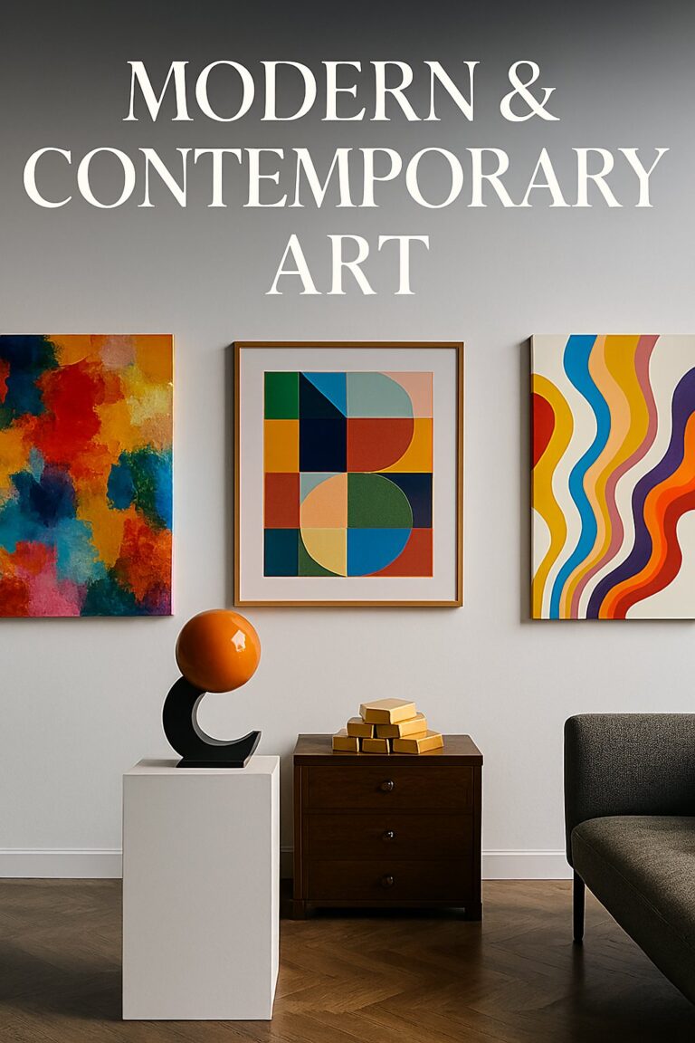 Minimalist gallery interior with white walls and polished concrete floors. Three vibrant artworks are displayed: a bold abstract painting with multicolor brushstrokes, a geometric composition of overlapping shapes, and a canvas with flowing, colorful wave patterns. A modern sculpture featuring a red-orange sphere on a black base sits on a white pedestal. A gray bench and a stack of gold bars add contrast. The headline "Modern & Contemporary Art" appears in large white sans-serif font at the top.