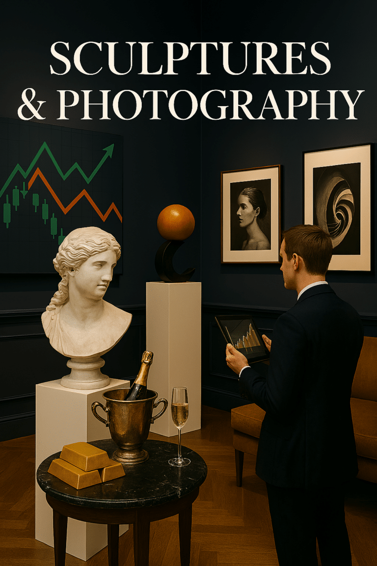 Luxurious gallery interior with dark blue-gray walls and herringbone wood floors. A white marble bust sculpture sits on a pedestal in the foreground. Framed fine art photography — including a black-and-white portrait, a desert landscape, and an abstract spiral staircase — adorn the walls. A modern orange sphere sculpture rests on a black pedestal beside a champagne setup. The headline “Sculptures & Photography” appears in elegant white serif font at the top.