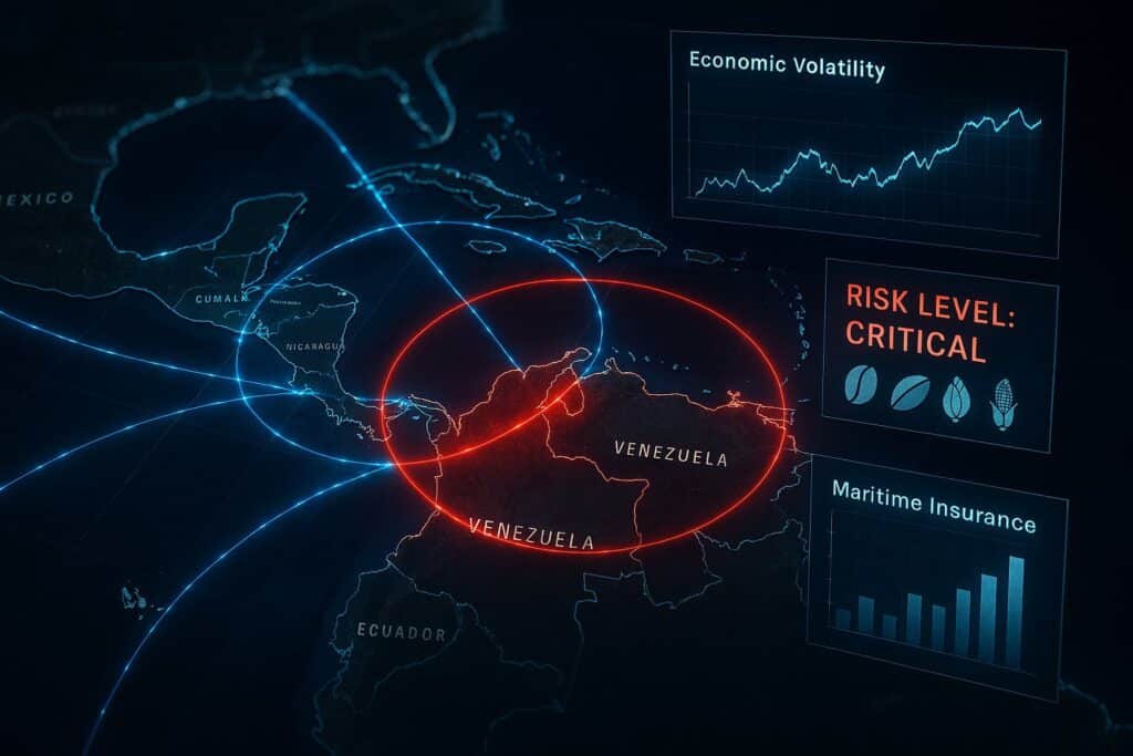 A hyper-realistic, cinematic wide-angle shot of a commercial cargo ship's deck transiting the southern Caribbean. In the foreground, stacked shipping containers with 'Venezuelan Specialty Cocoa' and 'Premium Coffee' branding are highly detailed. In the background, the silhouette of the USS Gerald R. Ford carrier strike group is visible on the ocean horizon under a dramatic, high-contrast sunset. Translucent holographic data overlays float above the deck, displaying glowing red 'Naval Blockade' alerts, economic volatility line graphs, and AI-driven logistics rerouting paths. 8k resolution, professional industrial aesthetic, sharp focus, editorial photography style.