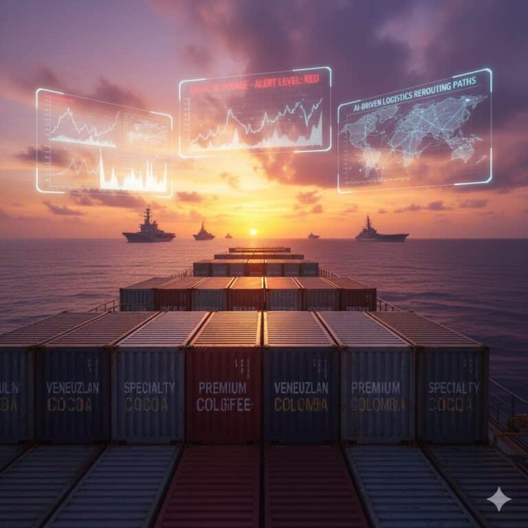A hyper-realistic, cinematic wide-angle shot of a commercial cargo ship's deck transiting the southern Caribbean. In the foreground, stacked shipping containers with 'Venezuelan Specialty Cocoa' and 'Premium Coffee' branding are highly detailed. In the background, the silhouette of the USS Gerald R. Ford carrier strike group is visible on the ocean horizon under a dramatic, high-contrast sunset. Translucent holographic data overlays float above the deck, displaying glowing red 'Naval Blockade' alerts, economic volatility line graphs, and AI-driven logistics rerouting paths. 8k resolution, professional industrial aesthetic, sharp focus, editorial photography style.